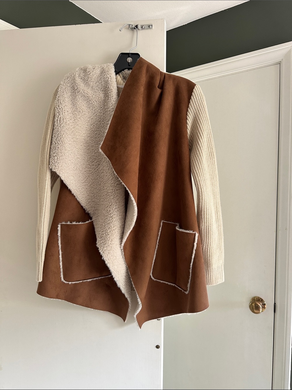 Moth Brown Suede-Look Teddy Coat with Cream Sherpa and Knit Sleeves
